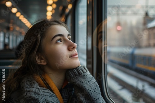Young woman with a contemplative gaze, gazing out the window of the train station at the passing trains, lost in thought as she envisions the adventures © Maelgoa