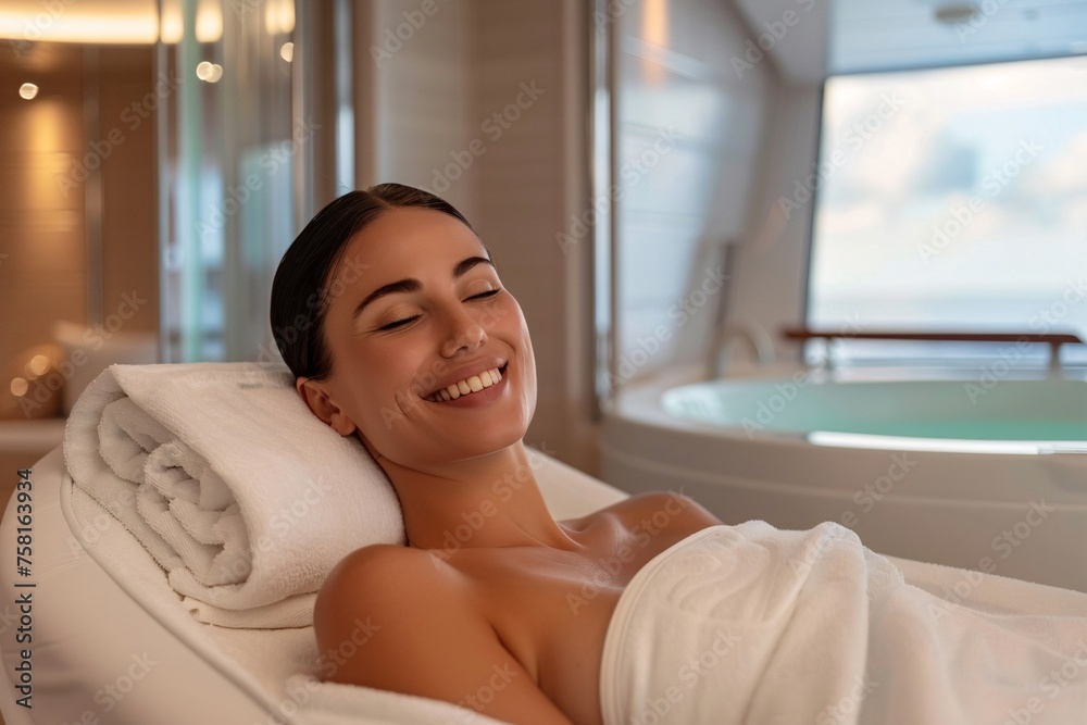 A woman with a beaming smile, enjoying a rejuvenating spa treatment at the onboard wellness center