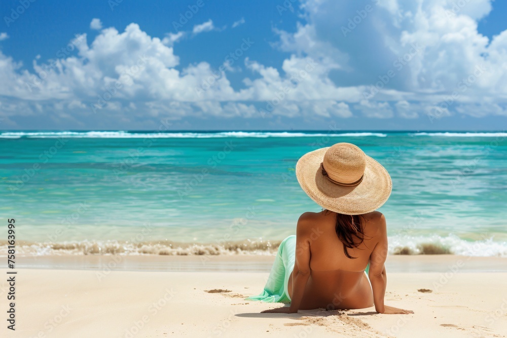 Sultry woman lounging on a Caribbean beach, her bronzed skin glistening in the sun as she celebrates her birthday getaway Sultry woman lounging on a Caribbean beach, her bronzed skin glistening in the sun as she celebrates her birthday getaway