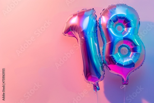 A whimsical birthday helium balloon shaped like the number "18," featuring a holographic sheen that catches the light, set against a backdrop of soft pastel hues