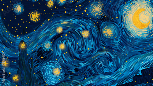 Seamless pattern of sky in style of Van Gogh Starry Night. Starry Night with yellow circles, swirling and dots in blue color