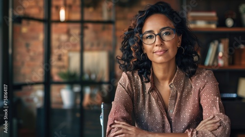 Pretty Latin American woman entrepreneur wearing business suit and glasses at her desk in the office. Confident businesswoman. AI Generated 