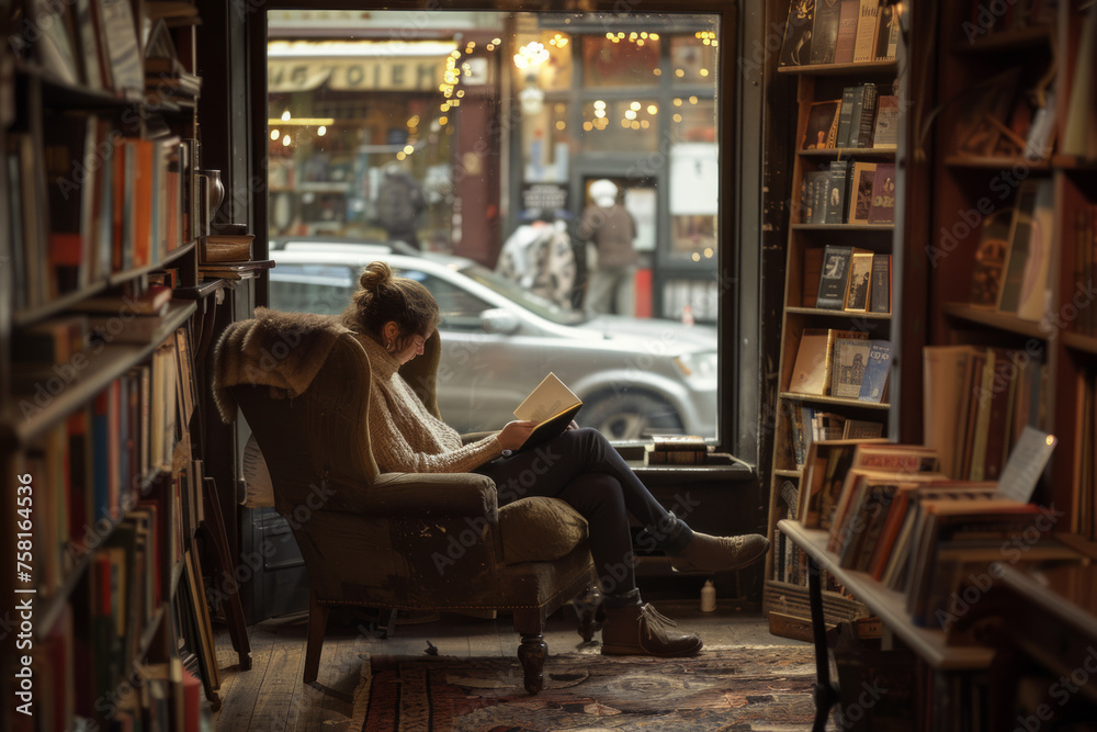 A reader is immersed in a book by a window seat in a bookstore, with soft, inviting light A reader is immersed in a book by a window seat in a bookstore, with soft, inviting light