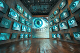 Surveillance TV Wall, Realistic fish-eye lens capture of diverse television surveillance