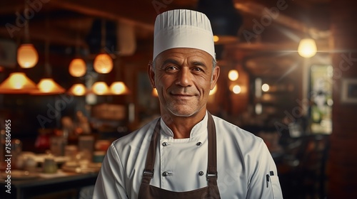 Caucasian Middle-Aged Male Chef in a Chef s Hat  