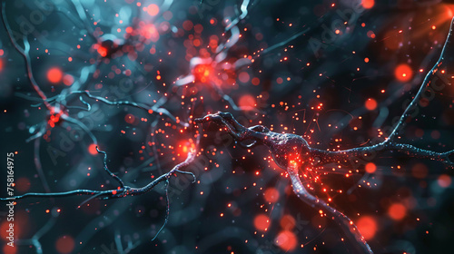 Close up active nerve cells. Human brain stimulation with neurons, level of mind, intellectual achievements, development of mental abilities concept photo