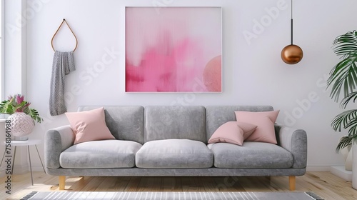 Cozy Modern Living Room with Grey Sofa  Pink Accents  and Abstract Art  Stylish Interior Design Digital Illustration