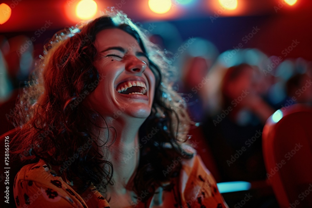 A woman at the cinema, laughing uncontrollably at a hilarious scene