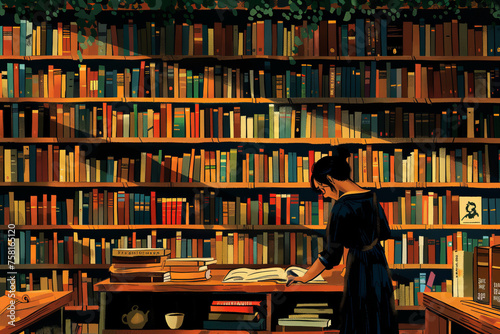 Artistic rendering of an individual selecting books in a large, organized library with copious shelves photo