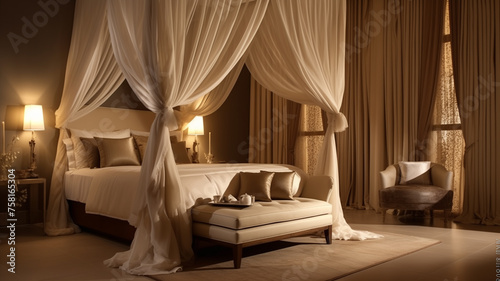  A sumptuous sanctuary bathed in soft hues of ivory and champagne, featuring a decadent canopy bed surrounded by lavish furnishings and sparkling crystal accents, embodying understated luxury.