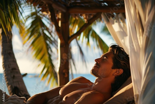 A handsome man reclining in a beachside cabana on a Caribbean island, his chiseled features highlighted by the warm glow of the afternoon sun © Maelgoa