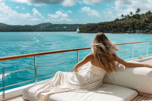 Glamorous woman reclining on a luxury yacht deck as it cruises through the turquoise waters of the Caribbean, her flowing dress billowing in the sea breeze © Maelgoa
