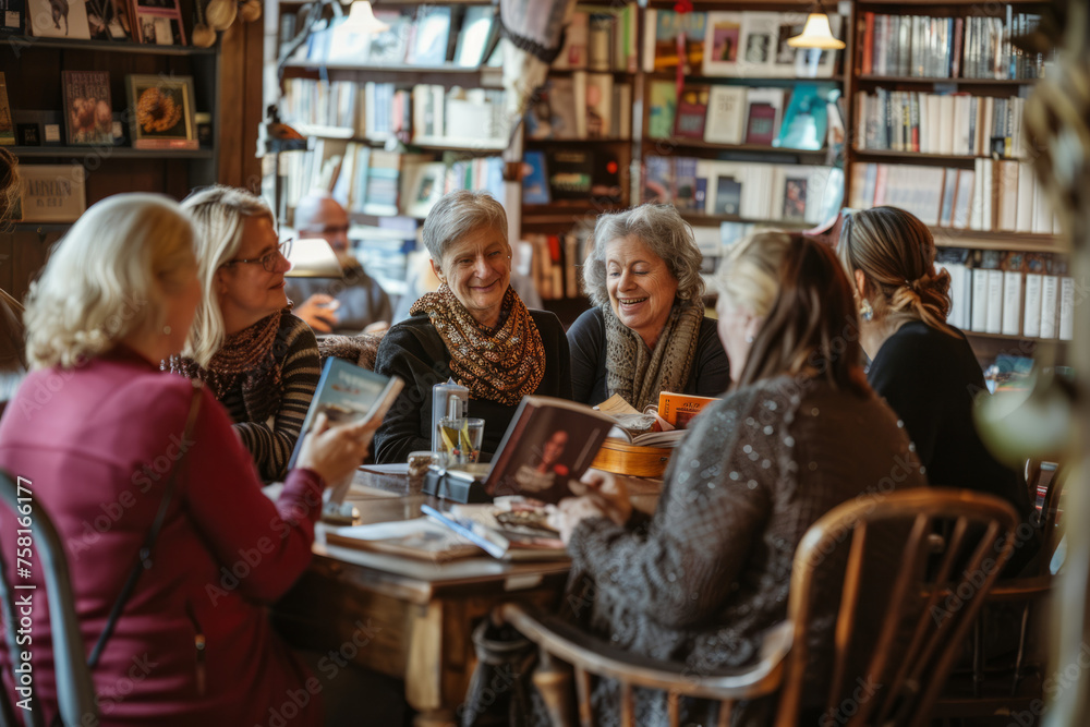 Six elderly women are enjoying conversation and books in a cozy cafe setting, exuding warmth and community spirit
