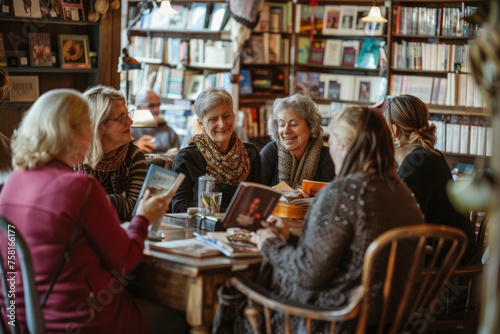 Obraz na płótnie Six elderly women are enjoying conversation and books in a cozy cafe setting, exuding warmth and community spirit w salonie