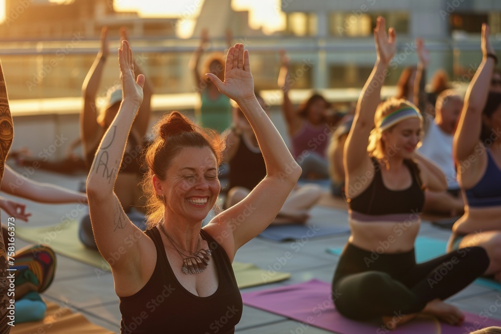 Joyful yoga practitioners with varying body shapes celebrating movement and flexibility during a rooftop class at dusk