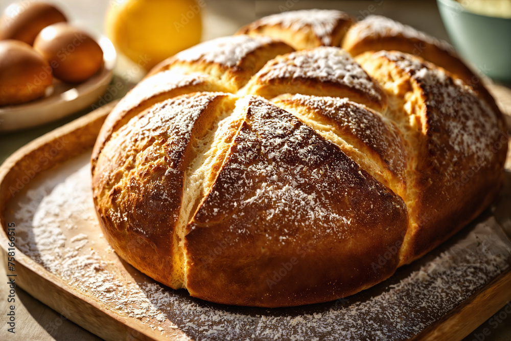 Freshly baked Easter bread, golden crust glistening in soft sunlight