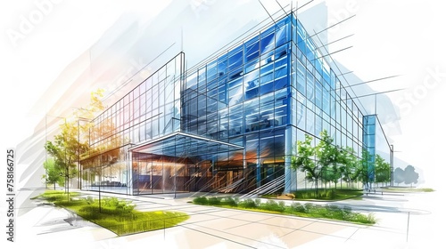 Sleek Contemporary Corporate Office Building with Reflective Glass Facade and Lush Green Landscaping, Architectural Sketch
