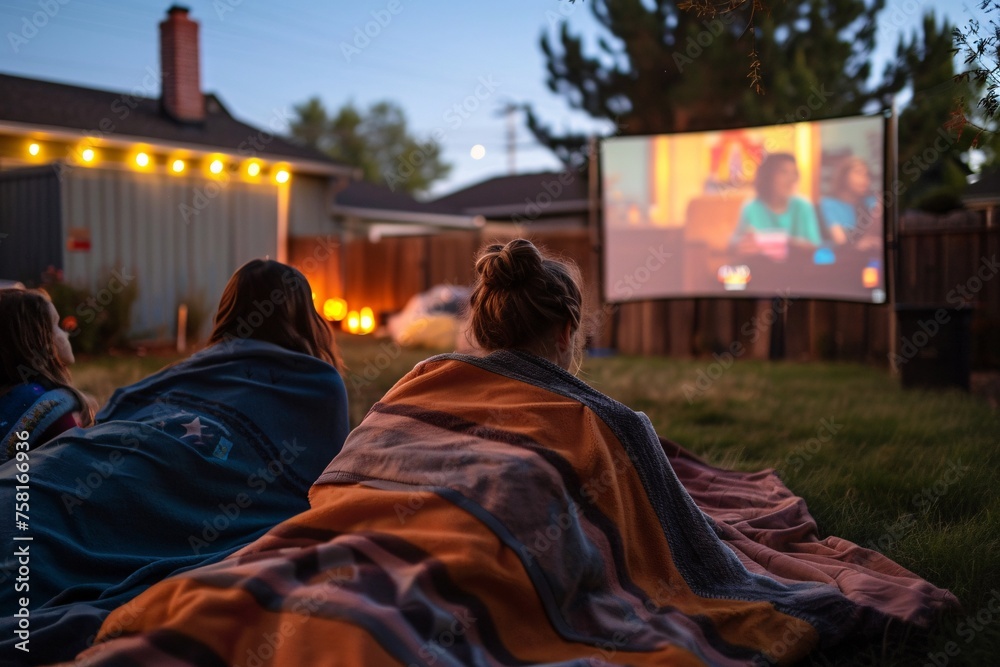 An outdoor movie night birthday celebration, with a projector screen set up in the backyard and teenagers snuggled up in blankets