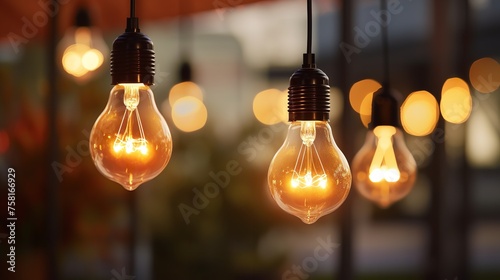 Close-up of Hanging Modern LED Light Bulbs with Filament