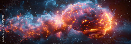  Human Brain with Lightning Strike Effect, Space epic realistic galaxy illustration