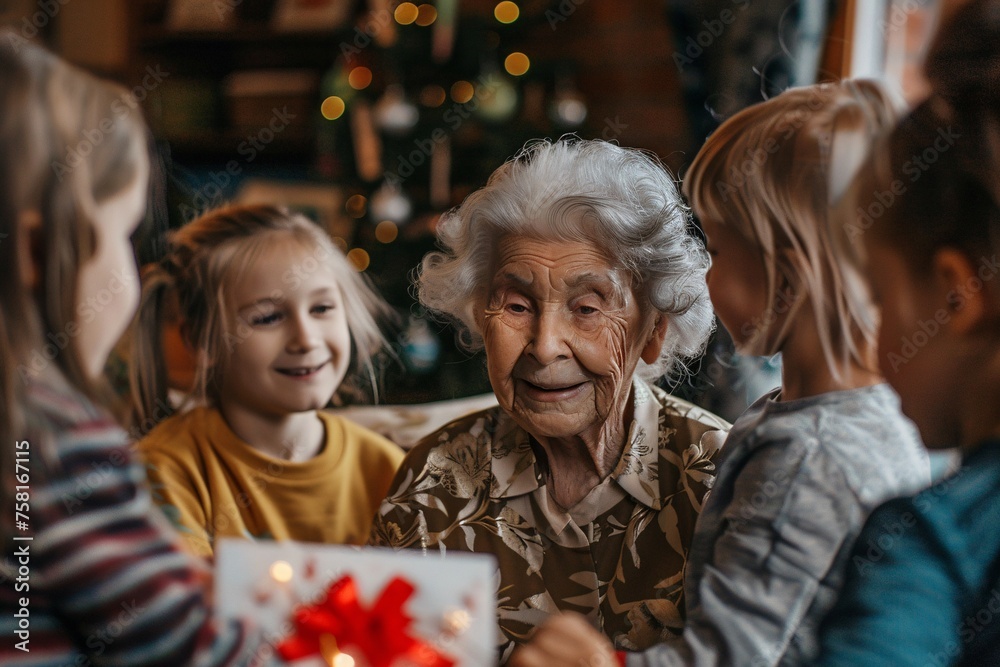 An elderly woman receiving a surprise visit from her grandchildren on her birthday, their excited faces lighting up the room as they present her with handmade cards and gifts from the heart