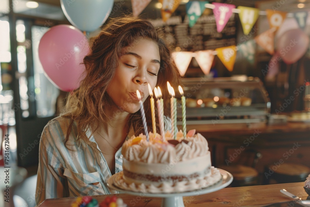 An adult woman blowing out candles on a birthday cake during a surprise celebration at a quaint café
