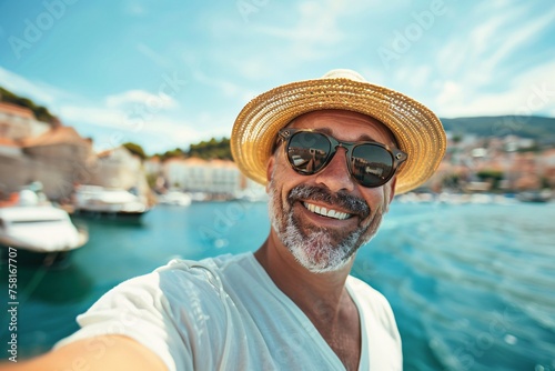 Adult man with a radiant grin, capturing a selfie with iconic landmarks in the background during a shore excursion on his cruise vacation © Maelgoa