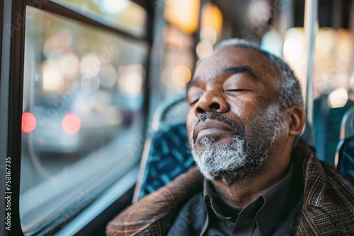 Black man with a peaceful expression, closing his eyes and taking a deep breath as he enjoys a moment of tranquility on the bus, letting go of stress and tension as he embraces the journey ahead