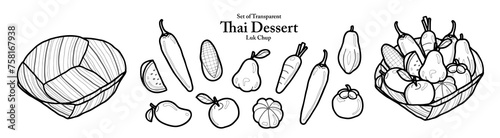 A series of isolated Thai desserts in cute hand drawn style. Thai fruit shaped Mung Beans in black outline and white plain on transparent background for coloring book or menu design.