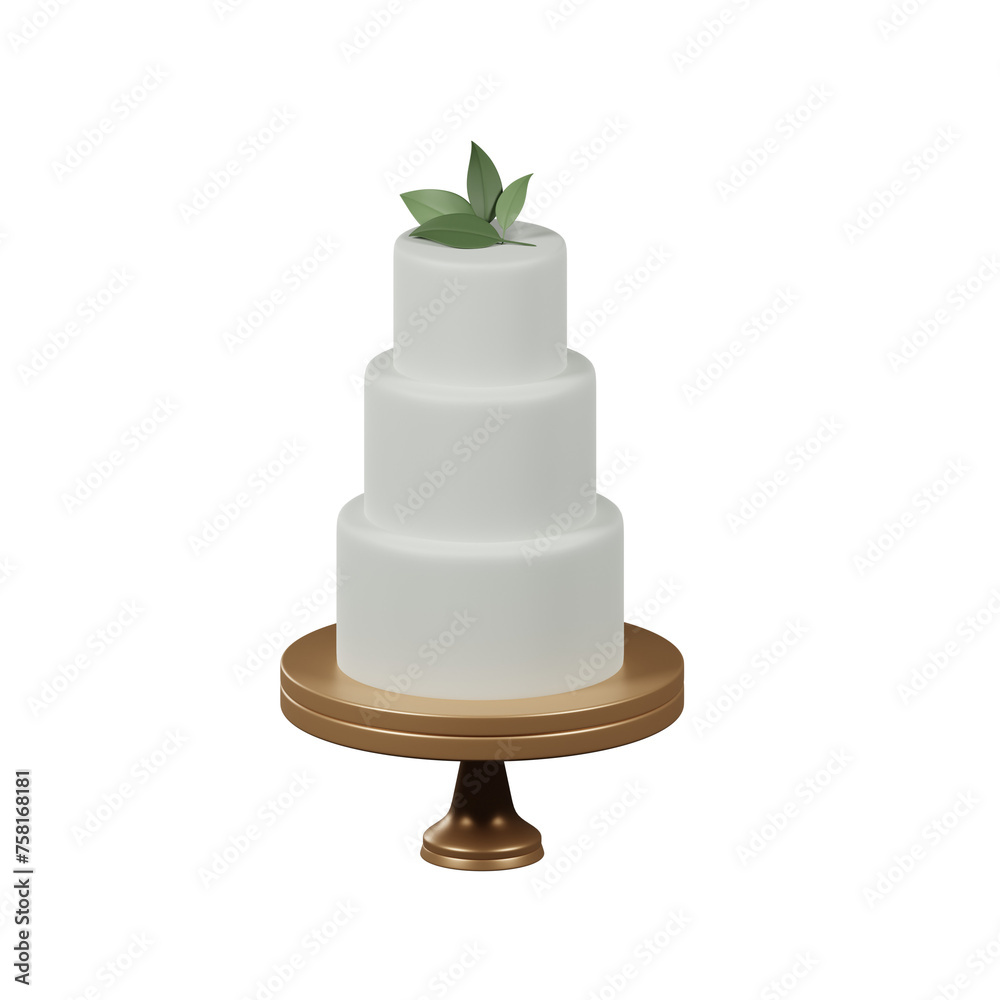 White wedding cake decorated with green leaves 3d render on transparent background White wedding cake decorated with green leaves 3d render on transparent background