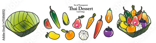 A series of isolated Thai desserts in cute hand drawn style. Thai fruit shaped Mung Beans in vivid colors on transparent background for coloring book or menu design.