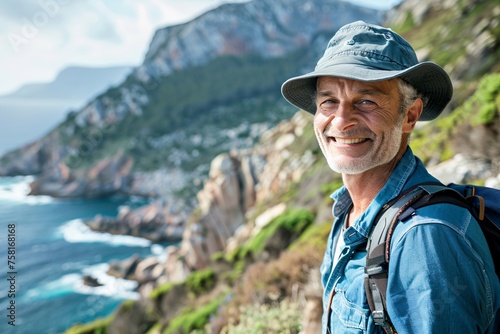 Adult man with a contented smile, enjoying a scenic hike through rugged coastal cliffs, the breathtaking views and invigorating sea breeze filling him with a sense of peace and tranquility