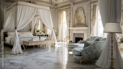  A sumptuous sanctuary bathed in soft hues of ivory and champagne, featuring a decadent canopy bed surrounded by lavish furnishings and sparkling crystal accents, embodying understated luxury. photo