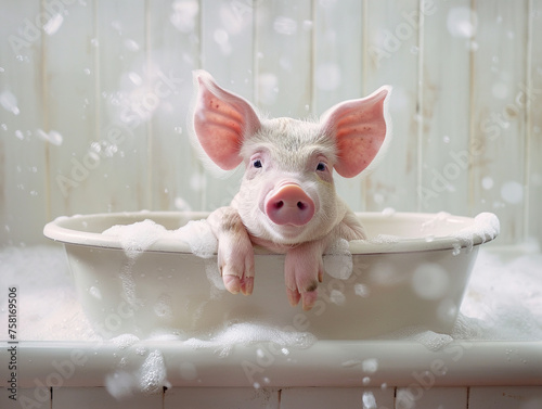 Cute pig taking a bath