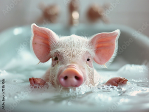 Cute pig taking a bath
