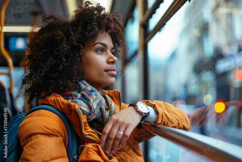 Black woman with a determined look, checking her watch as the bus makes a brief stop, eager to reach her vacation destination and begin exploring new sights and experiences