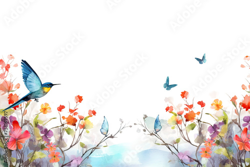 butterflies stylized flying blooming bushes painting your border spring banner watercolor birds design © akk png