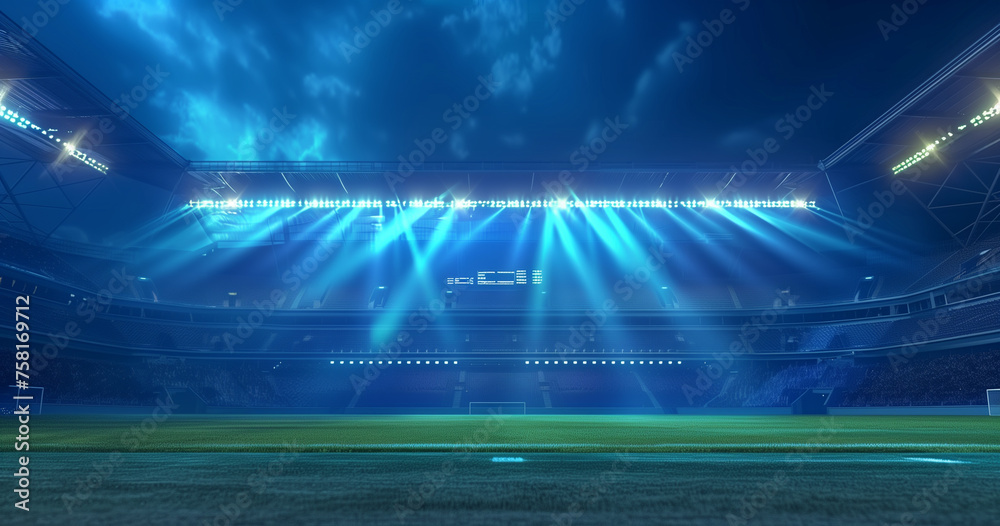 football stadium at night, illuminated by bright lights and spotlights