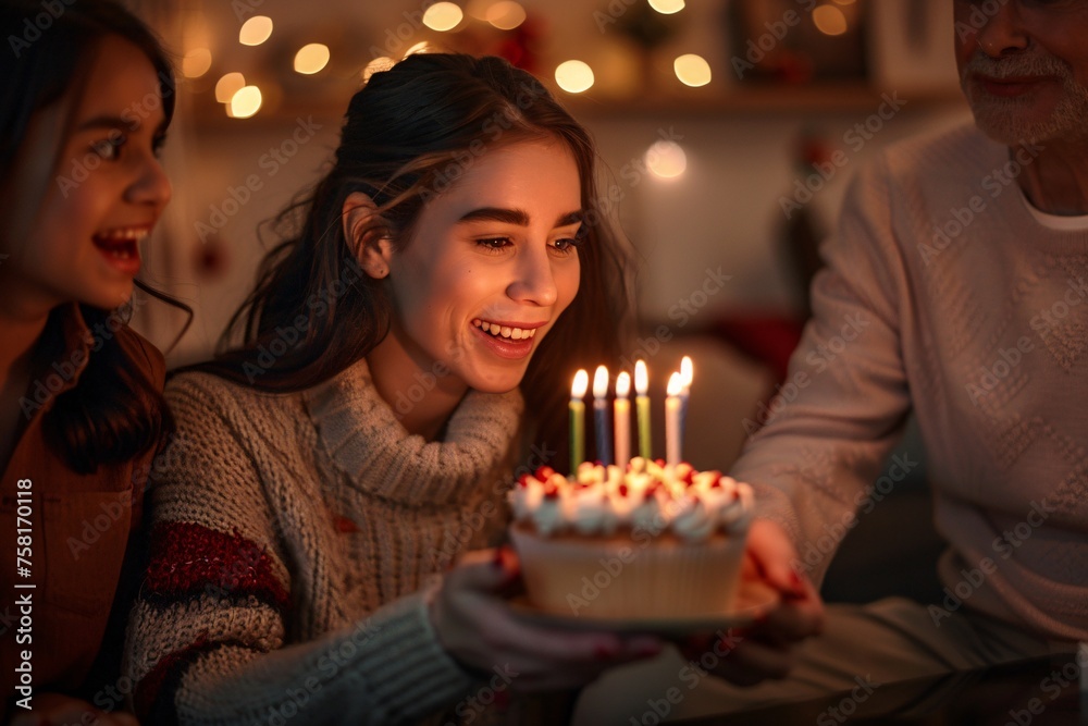 Woman blowing out candles on a birthday cupcake while surrounded by her family in a cozy living room, with festive decorations and smiles of love and affection