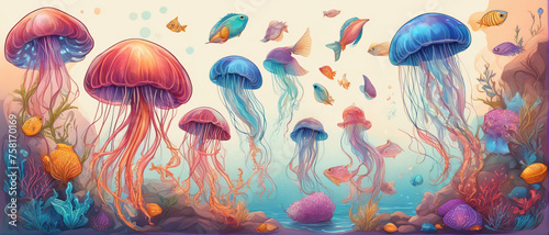 Beautiful Jellyfish in Pacific sea, Deep Ocean background. Generative AI photo