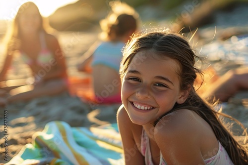 Young girl with a beach towel spread out on the sand, basking in the warmth of the sun's rays as she enjoys a leisurely picnic with family and friends, laughter and conversation filling the air © Maelgoa