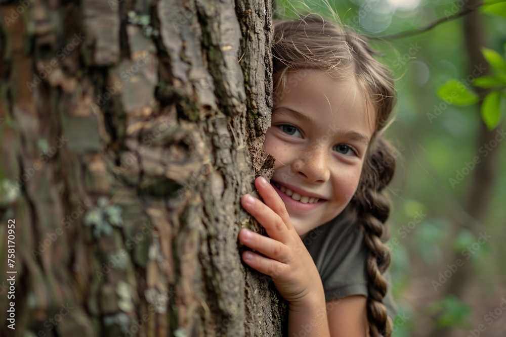 A smiling girl with braids hidden behind a tree during a game of hide-and-seek in a forest A smiling girl with braids hidden behind a tree during a game of hide-and-seek in a forest