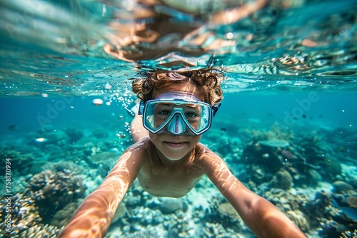 Young boy with a snorkel mask and flippers, eagerly exploring the colorful underwater world of a coral reef, his eyes alight with wonder and discovery