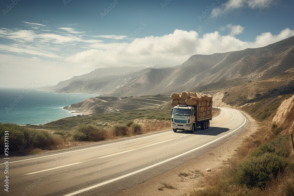 Truck driving along a mountain road along the sea, Banner Truck driving along a mountain road along the sea, Banner