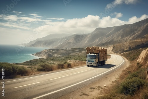 Truck driving along a mountain road along the sea, Banner © Svetlana