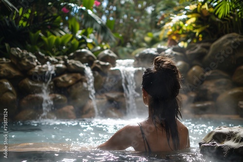 Seductive woman soaking in a secluded Caribbean hot spring, surrounded by lush tropical foliage and cascading waterfalls