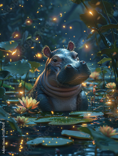 A tiny, enchanted pygmy hippo, surrounded by fireflies photo
