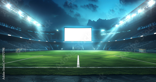 football stadium at night, illuminated by bright lights and spotlights