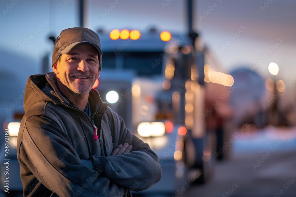 Smiling Truck Driver with Illuminated Rig at Dusk