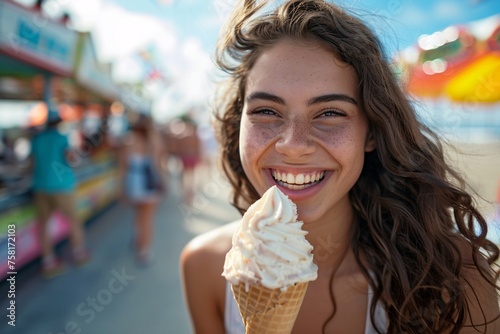 Young woman with a wide grin enjoying an ice cream cone on a bustling boardwalk  the vibrant colors of beachfront shops and carnival rides adding to the festive atmosphere